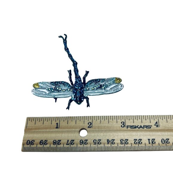 Dragonfly Brooch Pendant Articulated Tail Gunmetal Tone Blue/AB Rhinestones - Picture 7 of 11